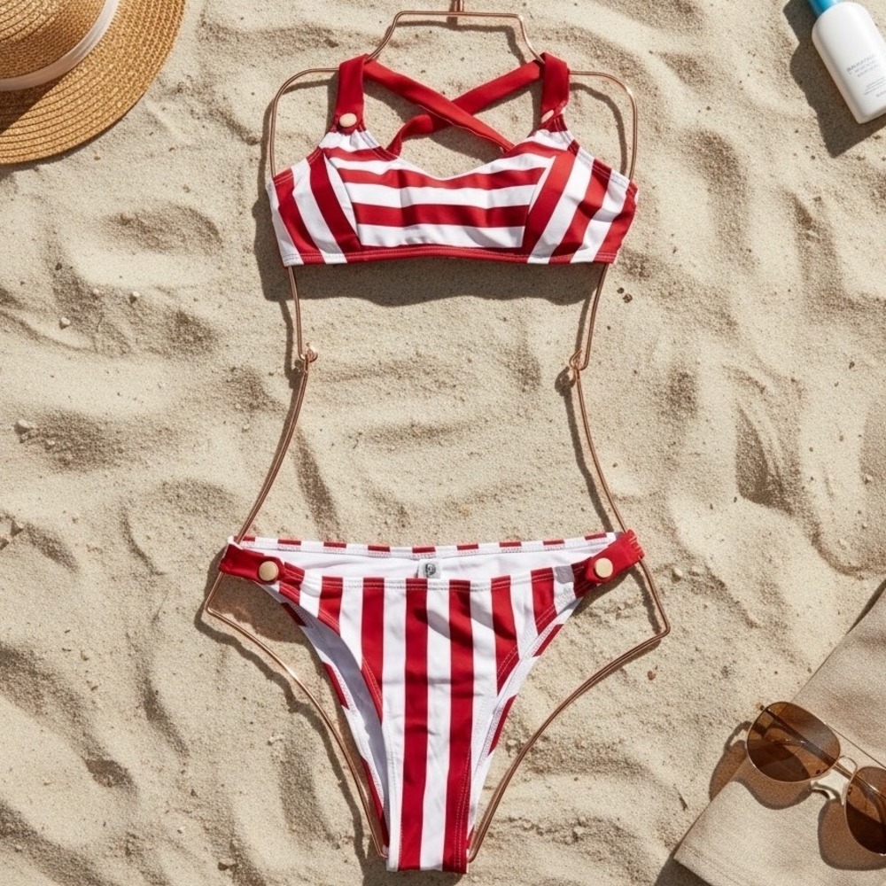 CUPSHE‎ Red & White Stripe Buttoned Bikini Set | NWT – SIZE S - Picture 5 of 11